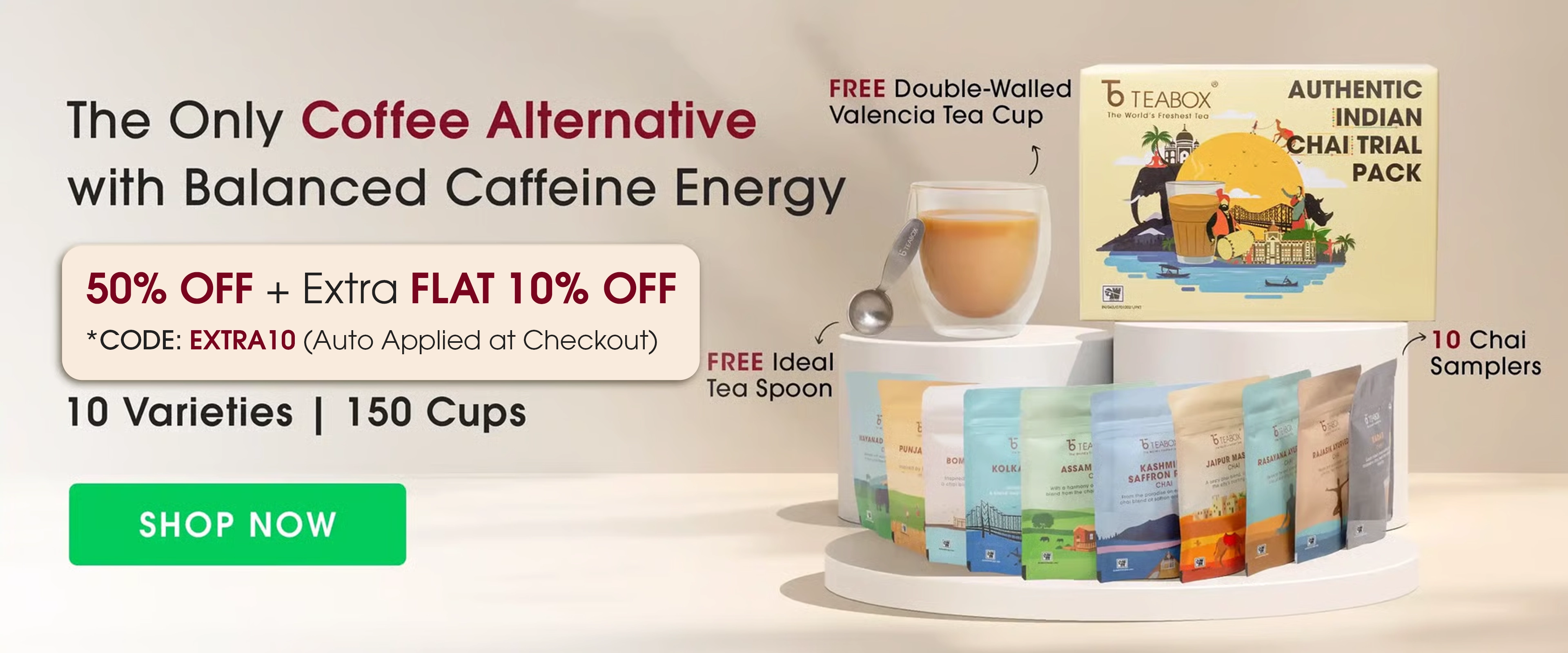 Teabox advertising a trial pack with 10 chai varieties, cup, and tea spoon.