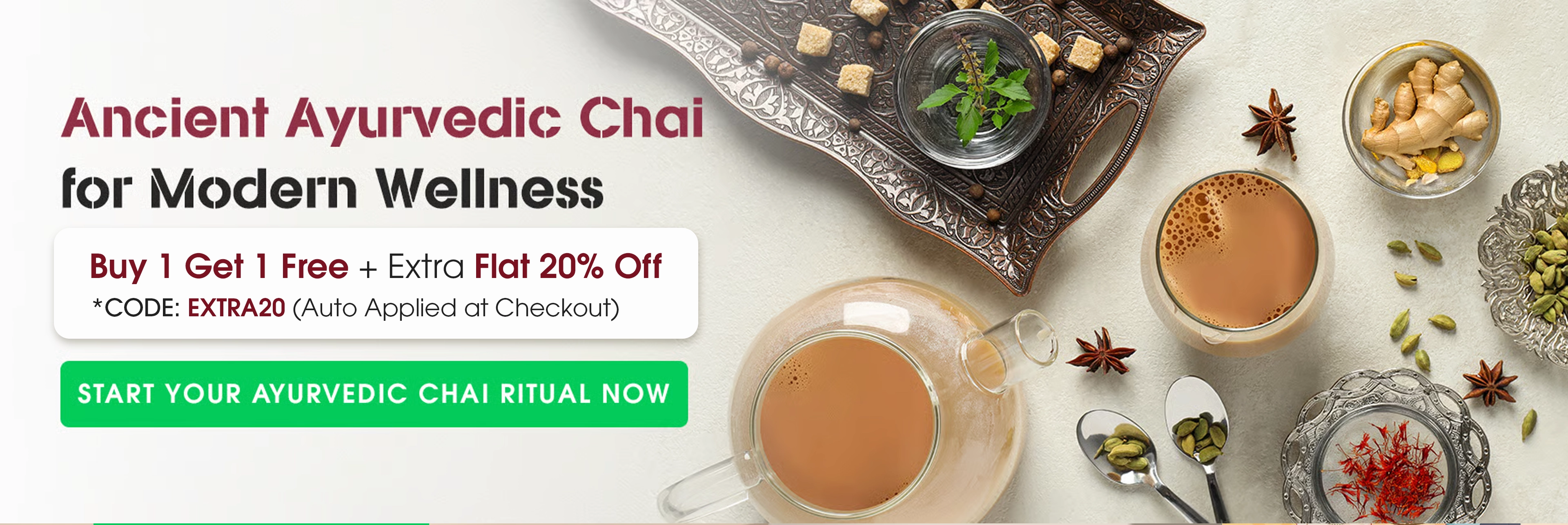 A promotional banner for Ayurvedic chai, showing a cup of tea surrounded by various spices and ingredients.