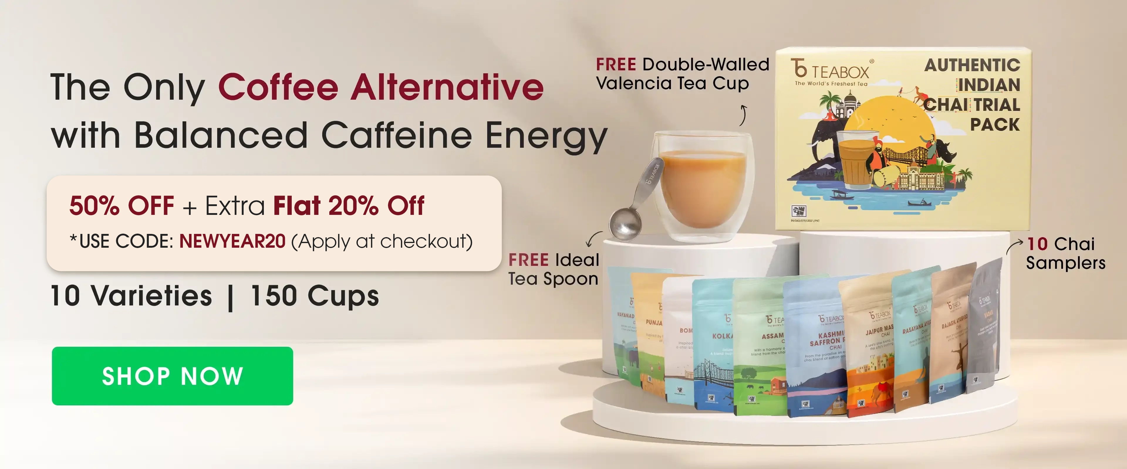 Teabox advertising a trial pack with 10 chai varieties, cup, and tea spoon.