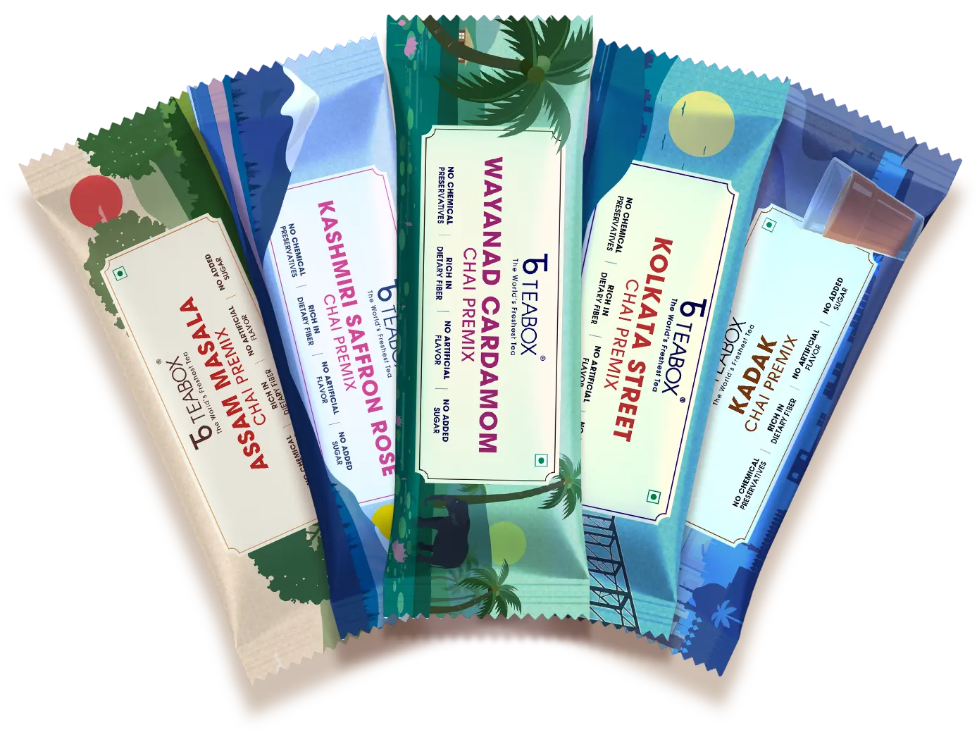 An assortment of different flavored Teabox Chai Premix packets fanned out against a white background.