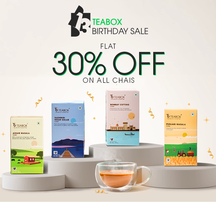 An advertisement for Teabox's birthday sale, offering 30% off on chais with four tea boxes on display.