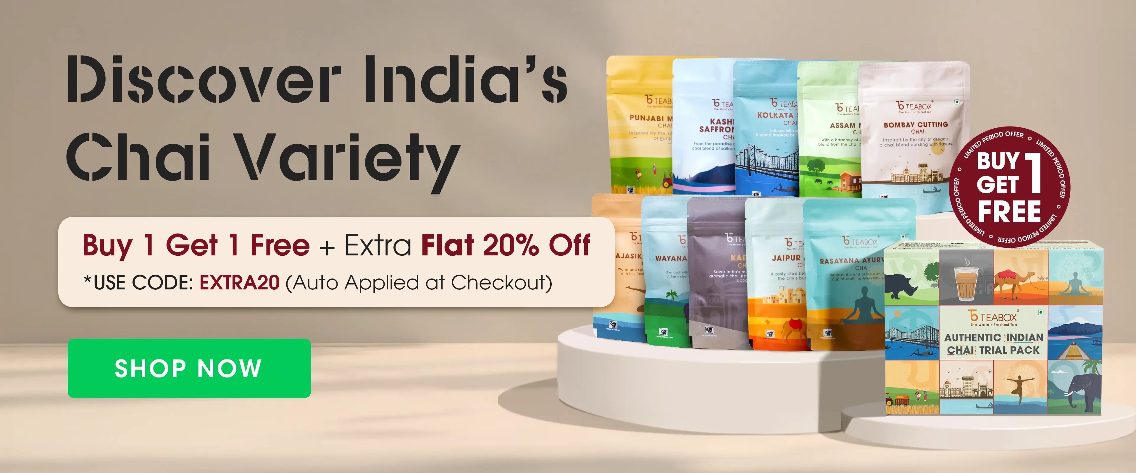 A promotional banner for Teabox Indian Chai showing various tea packages and a special offer.
