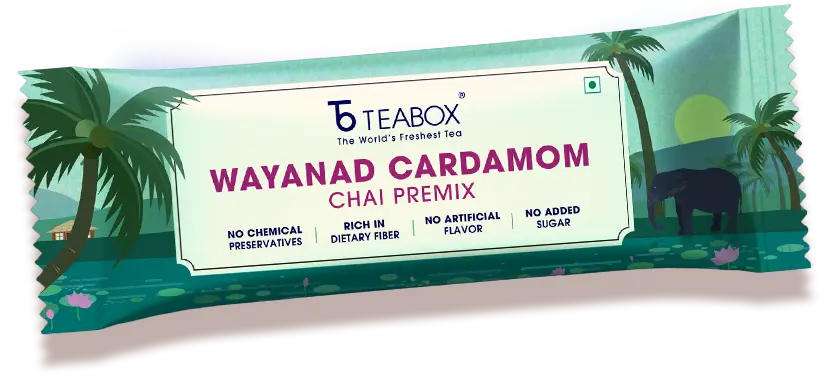 A single-serving packet of Teabox Wayanad Cardamom Chai Premix on a white background.