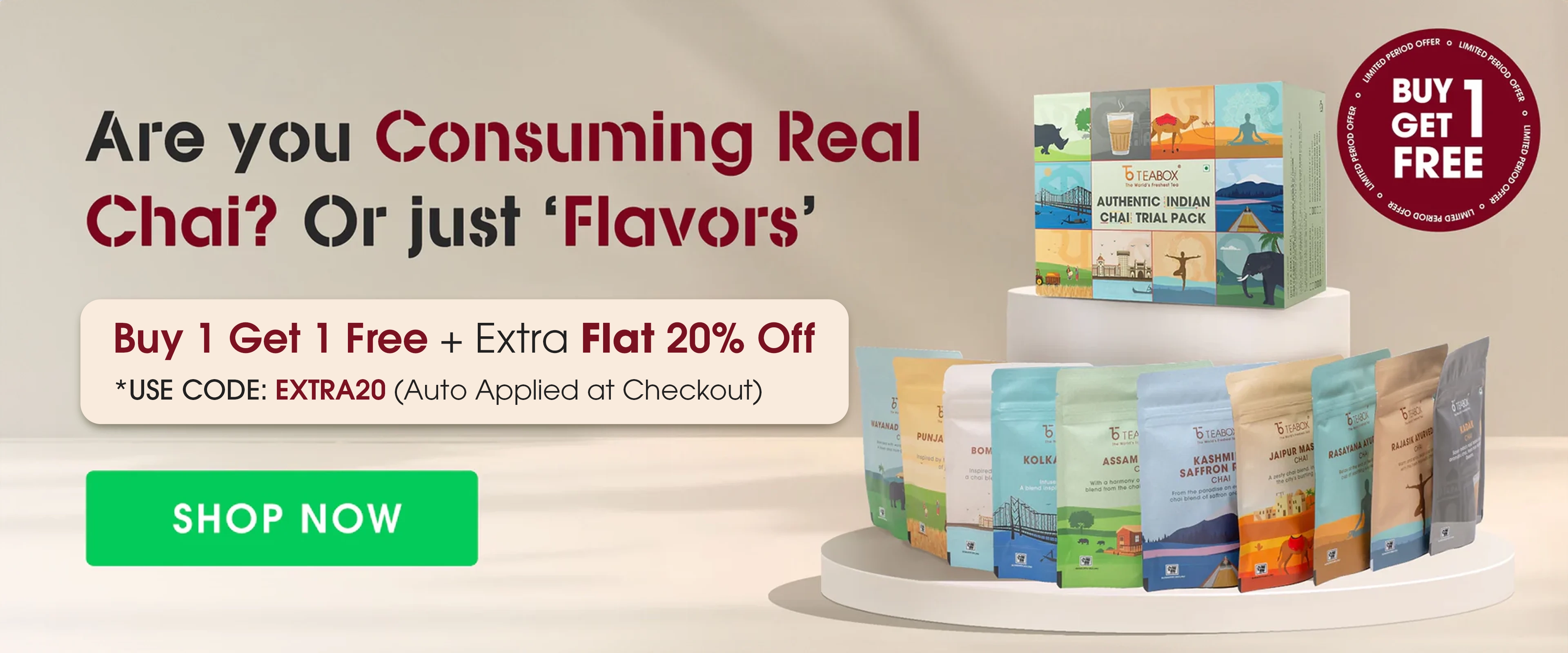 Advertisement for Teabox chai, showing a trial pack and pouches with a 'Buy 1 Get 1 Free' offer.