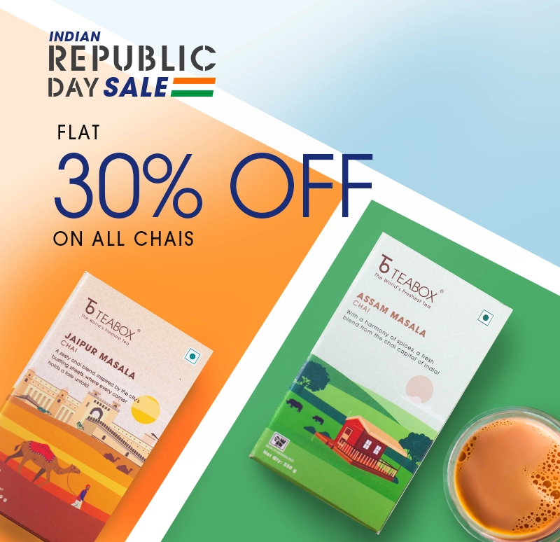 An advertisement for Teabox's Indian Republic Day sale, showing two boxes of chai and a cup of tea.