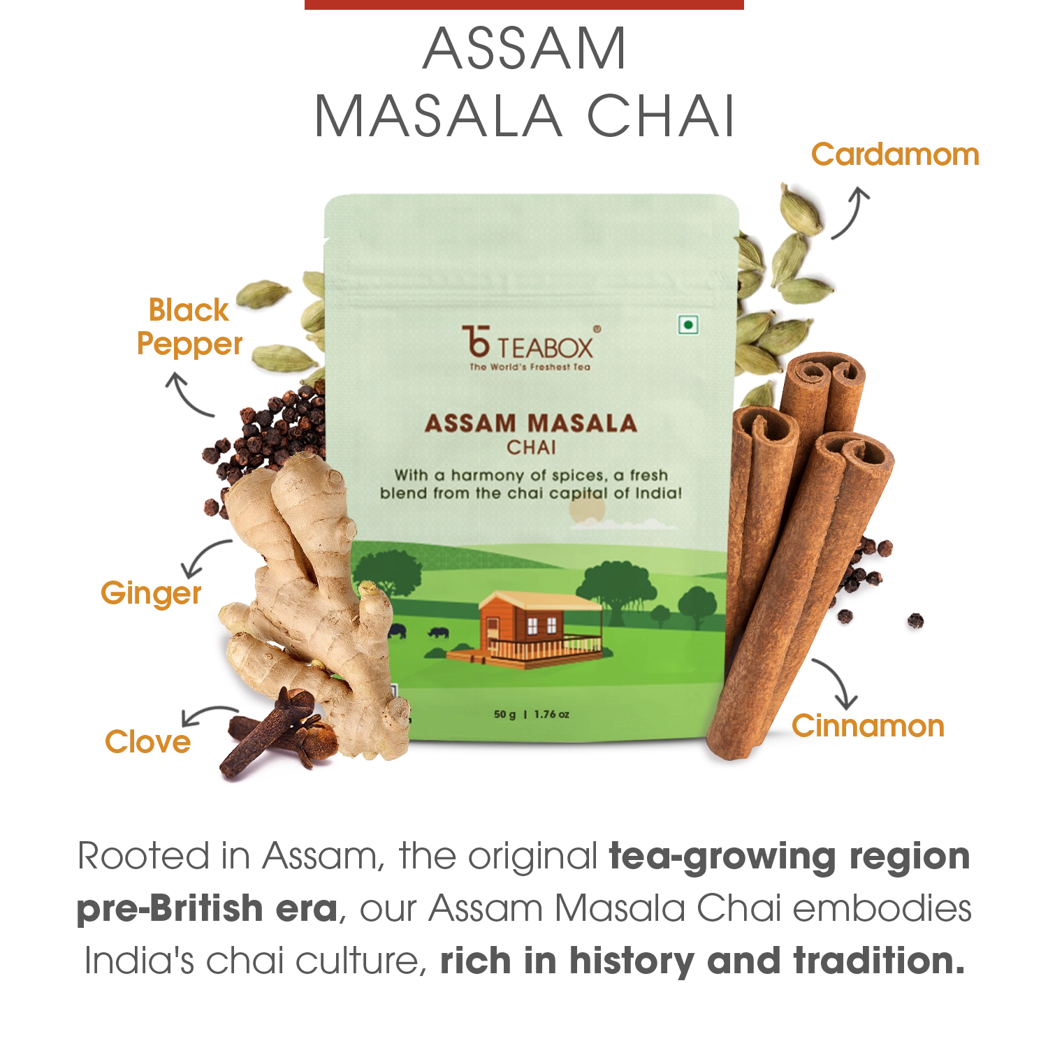 Packaging of Assam Masala Chai with spices: cardamom, cinnamon, clove, black pepper, ginger.