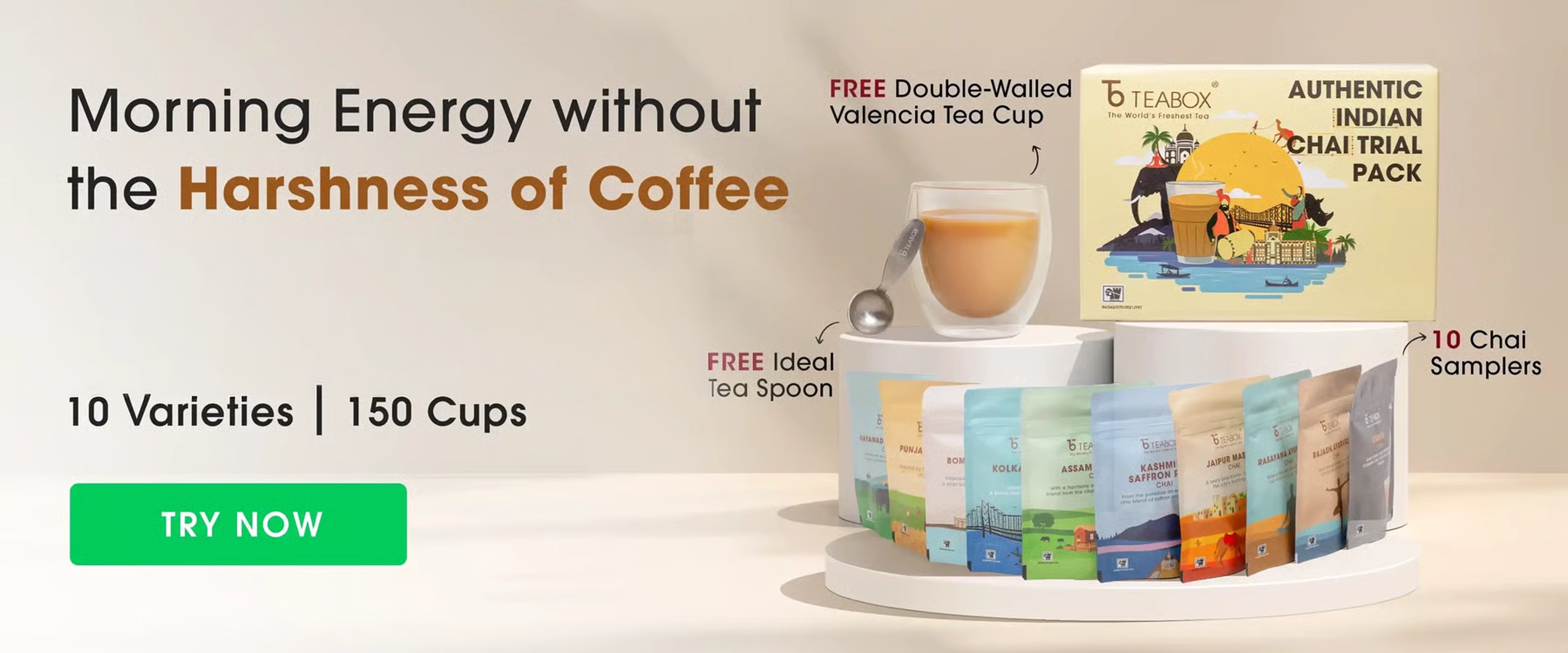 Teabox advertising a trial pack with 10 chai varieties, cup, and tea spoon.