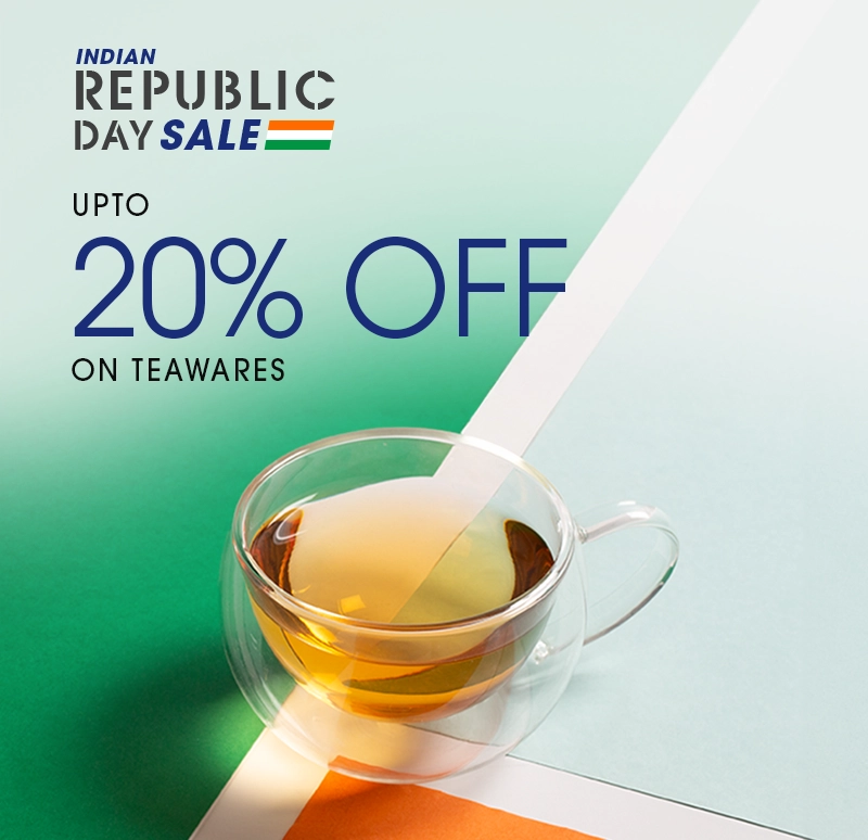 An advertisement for an Indian Republic Day sale on teawares, featuring a glass cup of tea.