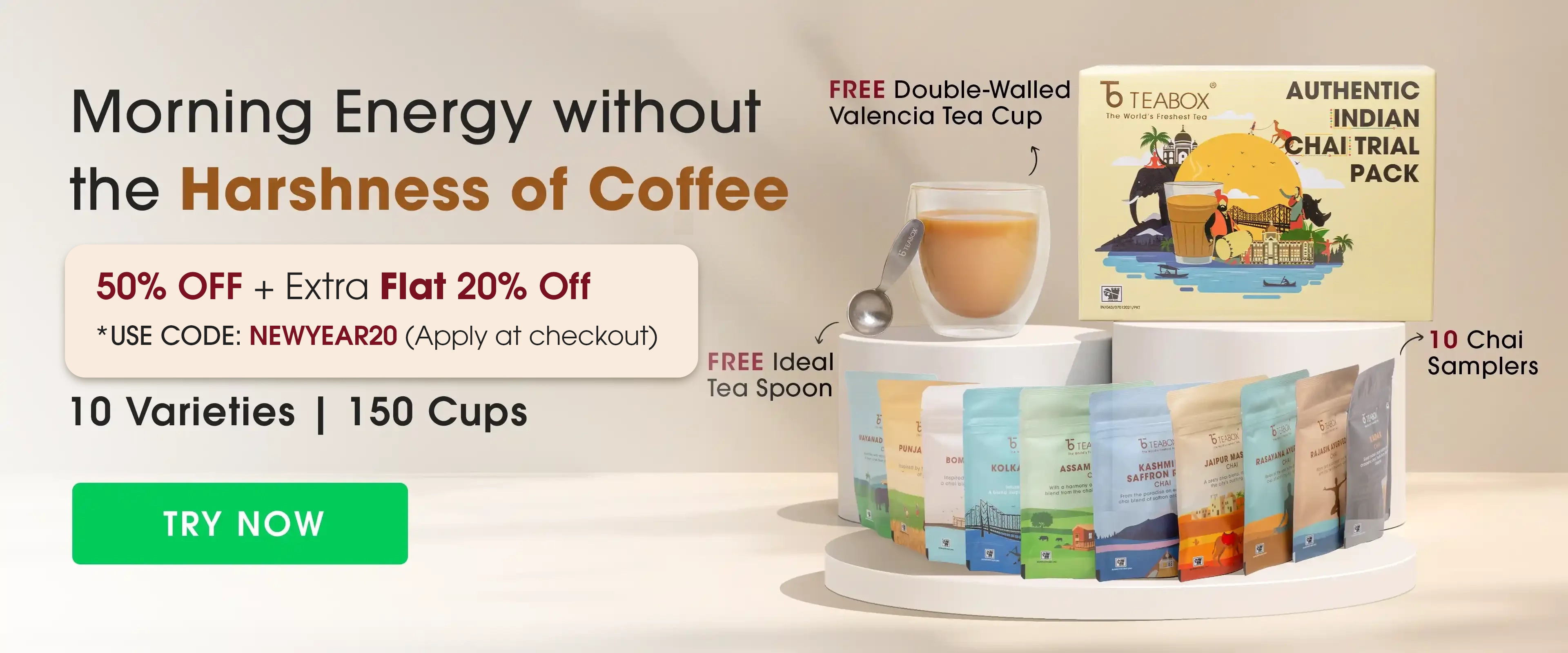Teabox advertising a trial pack with 10 chai varieties, cup, and tea spoon.