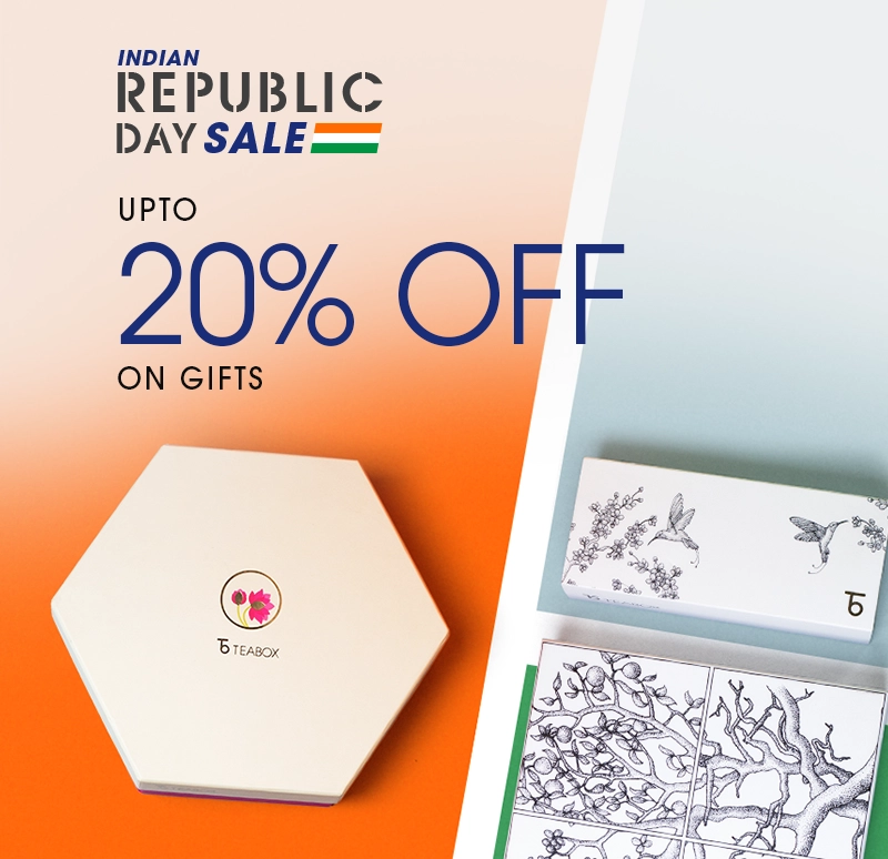 An advertisement for an Indian Republic Day Sale, showing Teabox gift sets with up to 20% off.