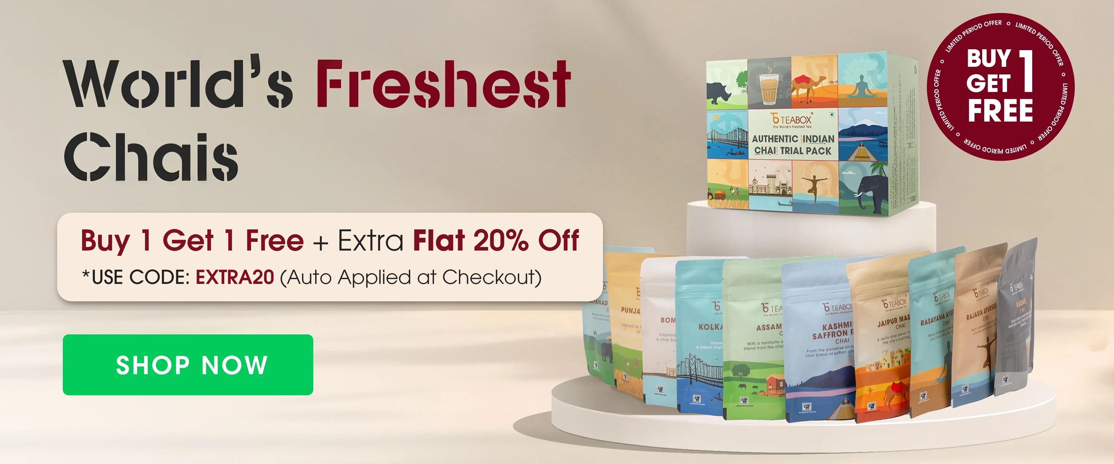 An advertisement for Teabox chai featuring various tea products and a 'Buy 1 Get 1 Free' sale.
