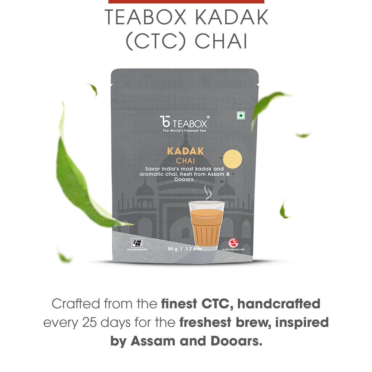 Package of Teabox Kadak Chai with cup of tea and tea leaves.