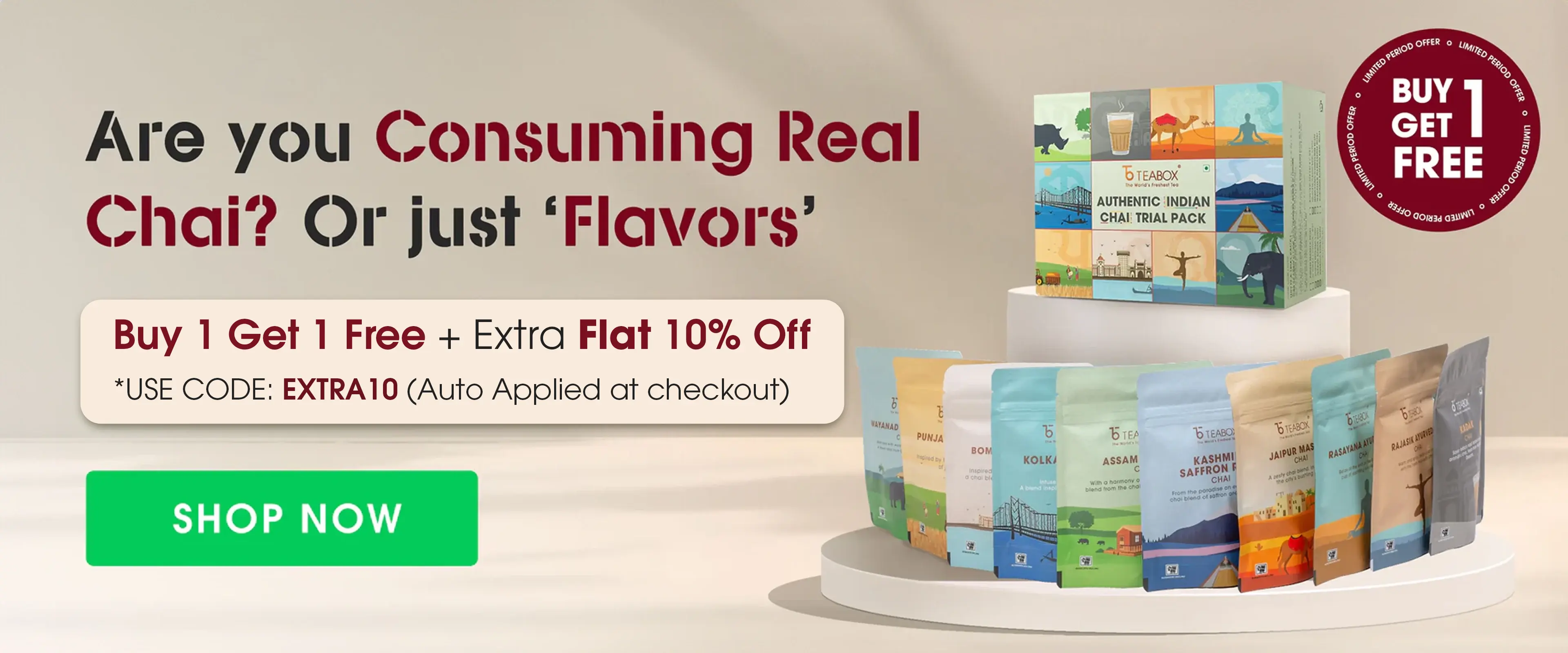 Teabox advertising a trial pack with 10 chai varieties, cup, and tea spoon.