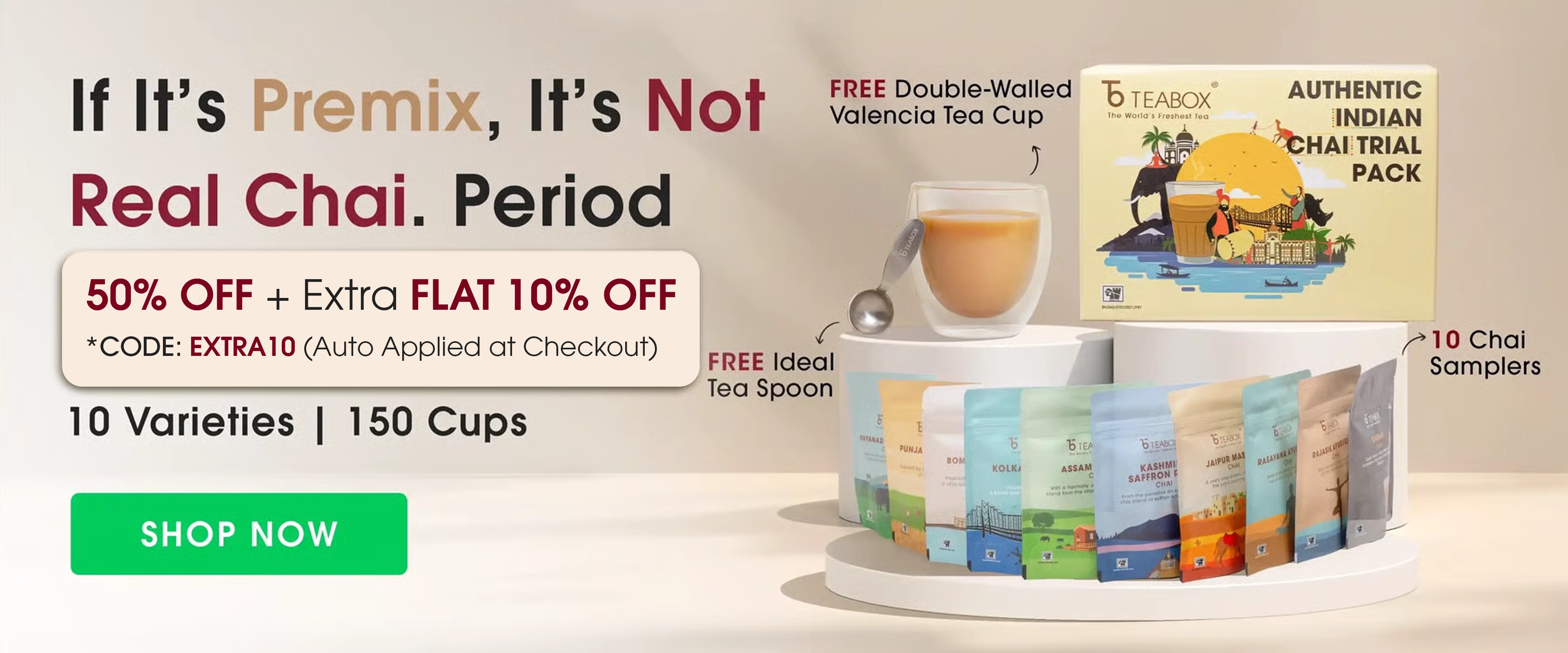 Teabox advertising a trial pack with 10 chai varieties, cup, and tea spoon.