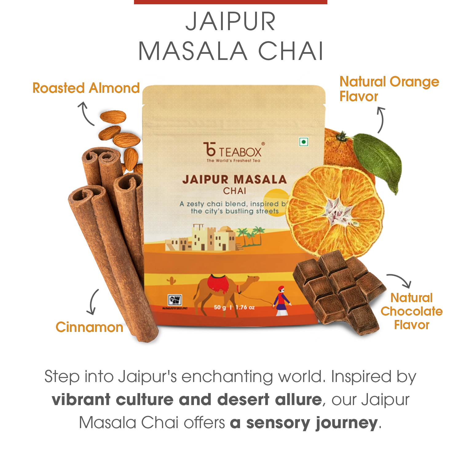Jaipur Masala Chai package with cinnamon, orange, almonds, and chocolate illustrations.