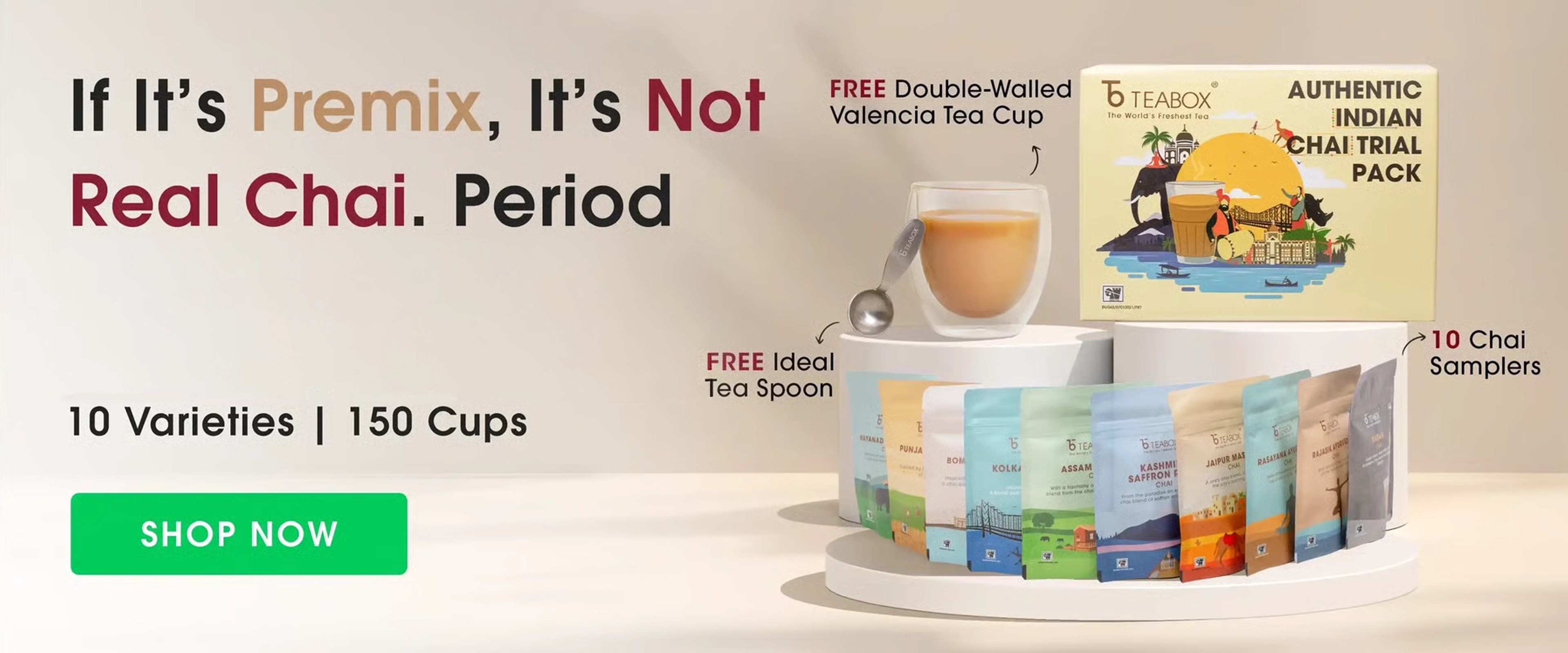 Teabox advertising a trial pack with 10 chai varieties, cup, and tea spoon.