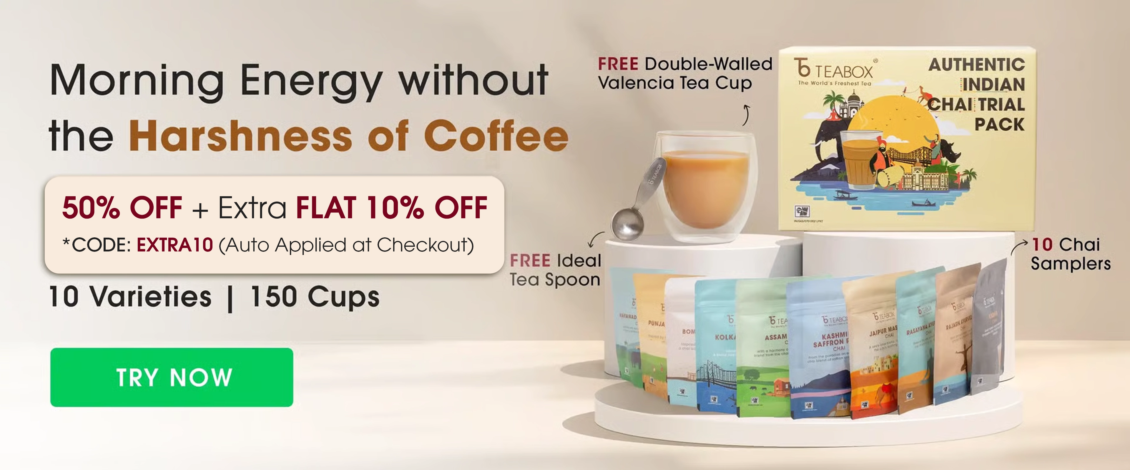 Teabox advertising a trial pack with 10 chai varieties, cup, and tea spoon.