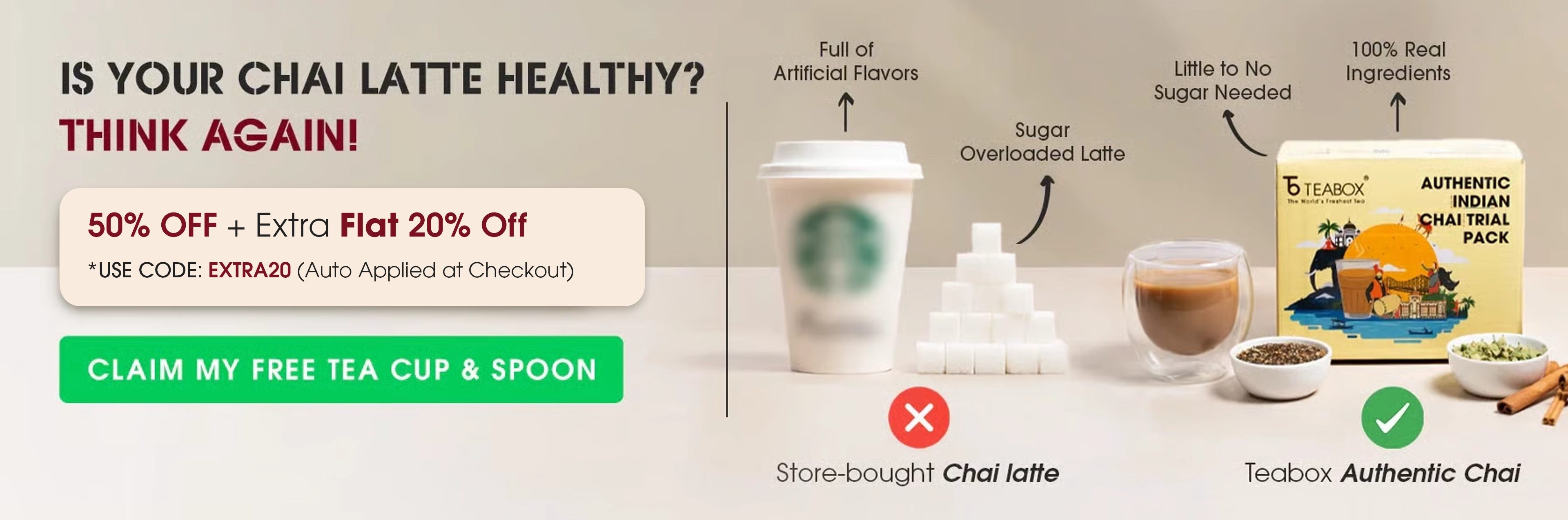 Teabox advertising a trial pack with 10 chai varieties, cup, and tea spoon.