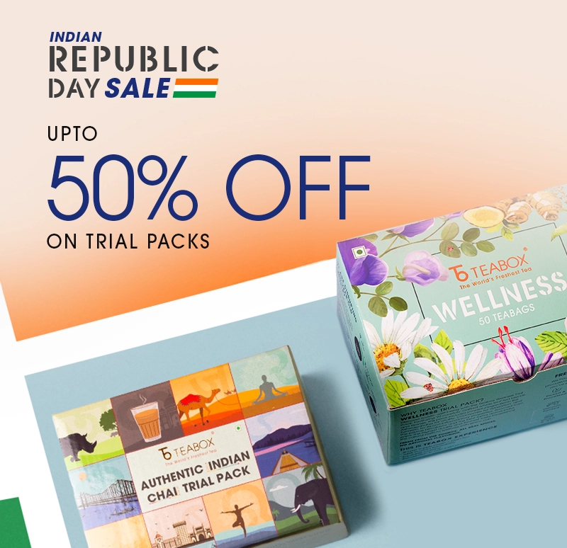 An advertisement for an Indian Republic Day Sale on Teabox tea, featuring two different trial packs.