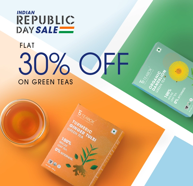 An advertisement for Teabox's Indian Republic Day Sale, offering 30% off on green teas.