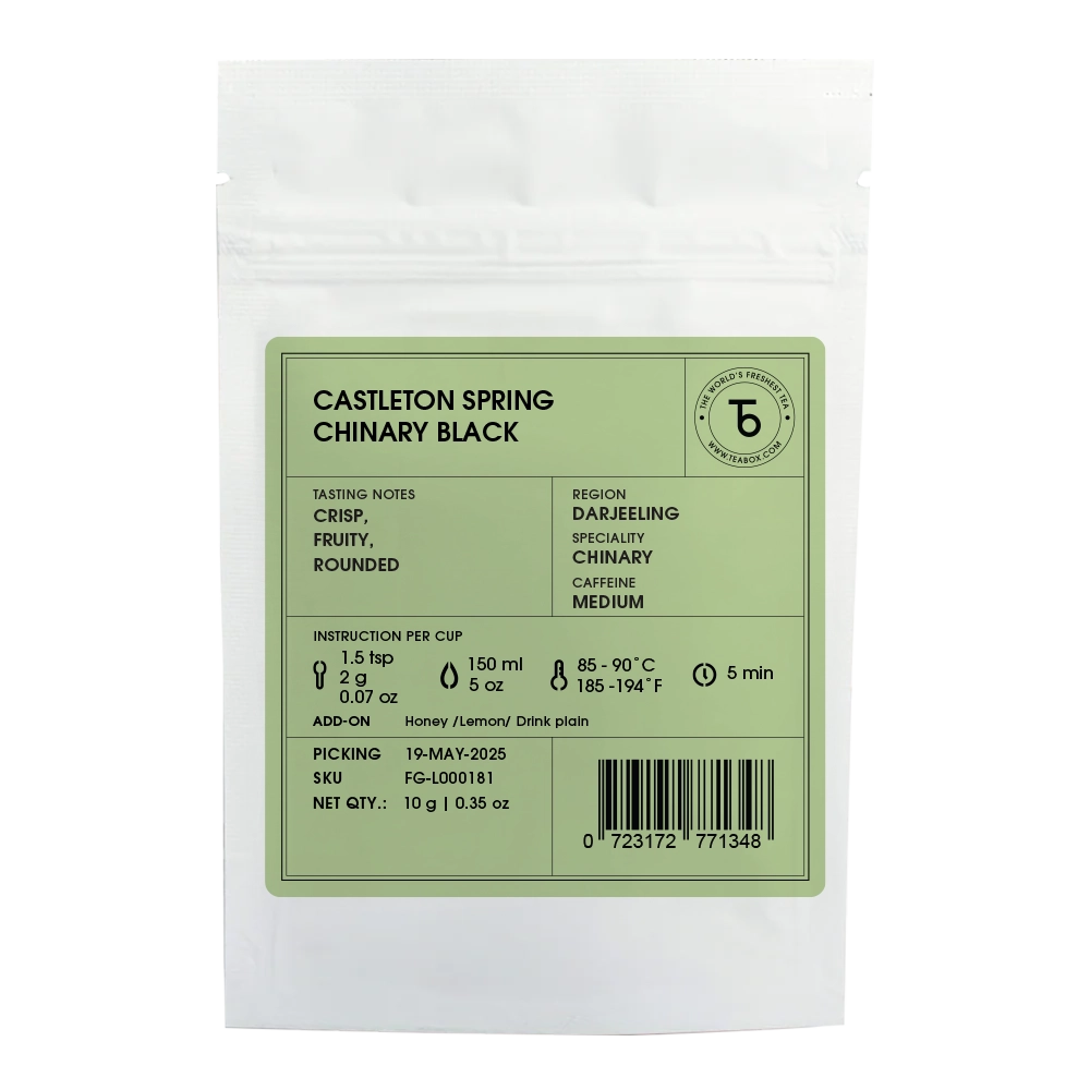 White tea packaging with green label detailing Castleton Spring Chinary Black tea information.