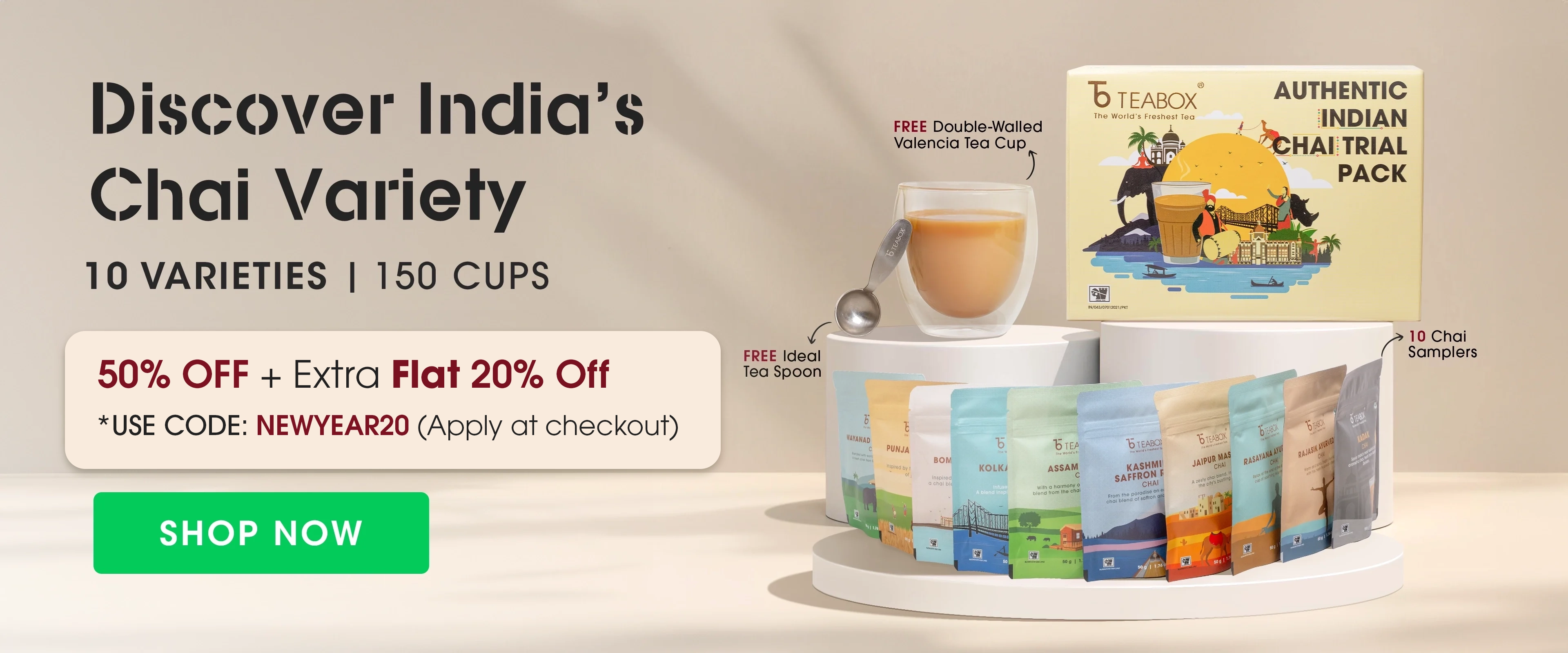 Chai sampler display with discount offer and shop now button.