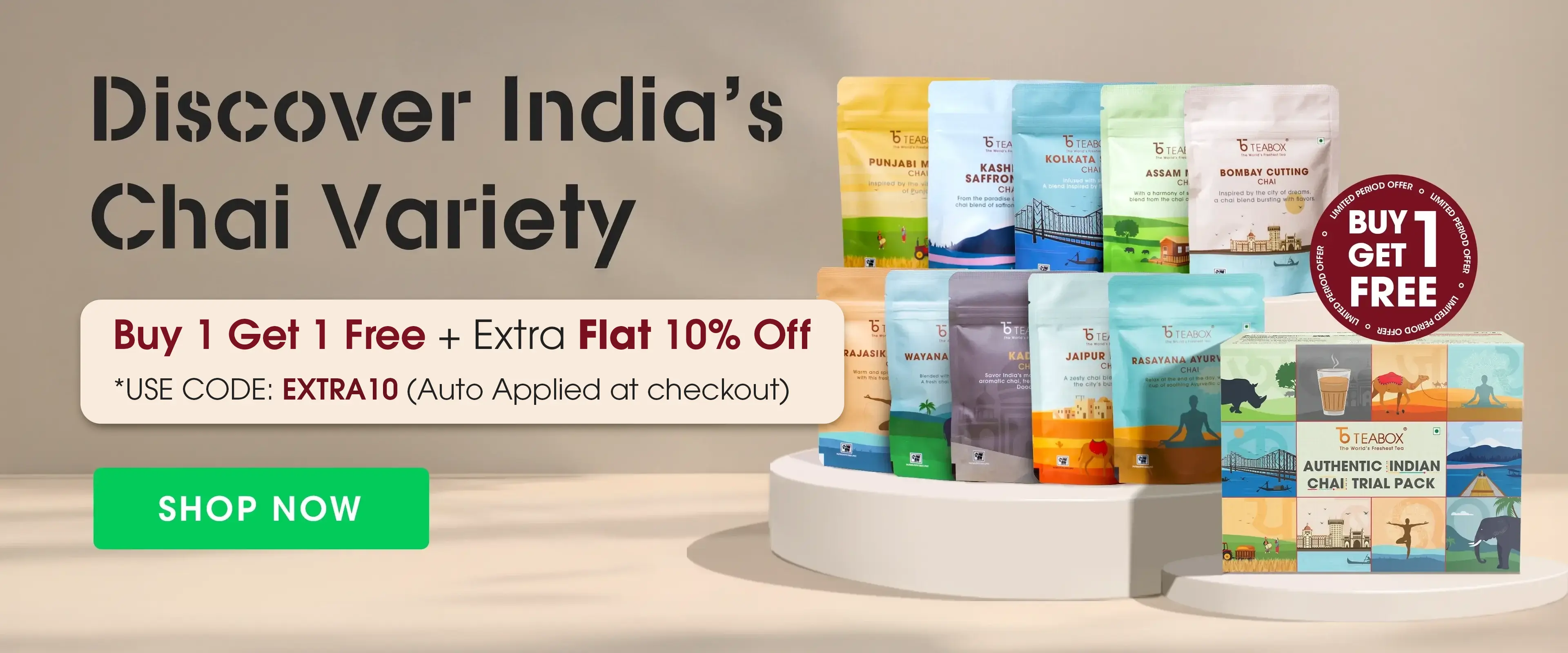 An advertisement for Indian chai tea, showing various pouches of different flavors and a 'Buy 1 Get 1 Free' offer.