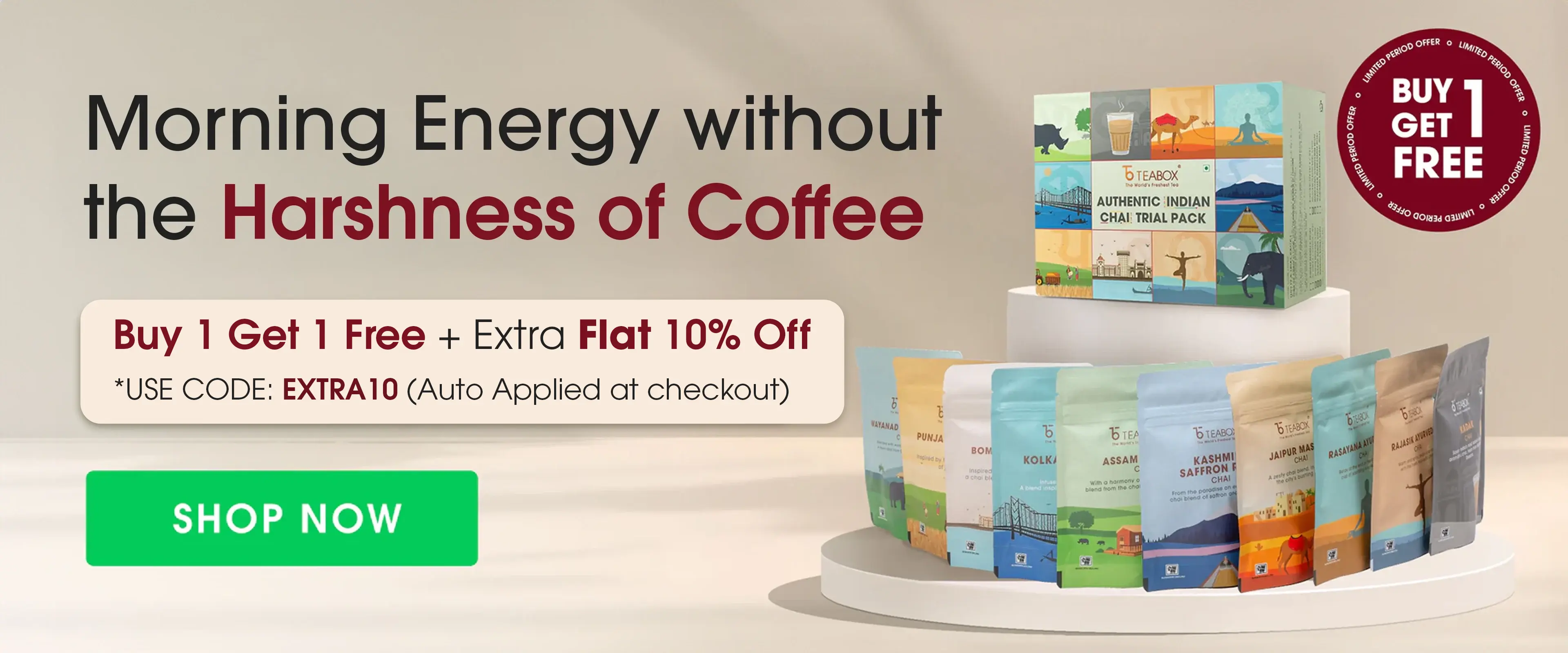Teabox advertising a trial pack with 10 chai varieties, cup, and tea spoon.