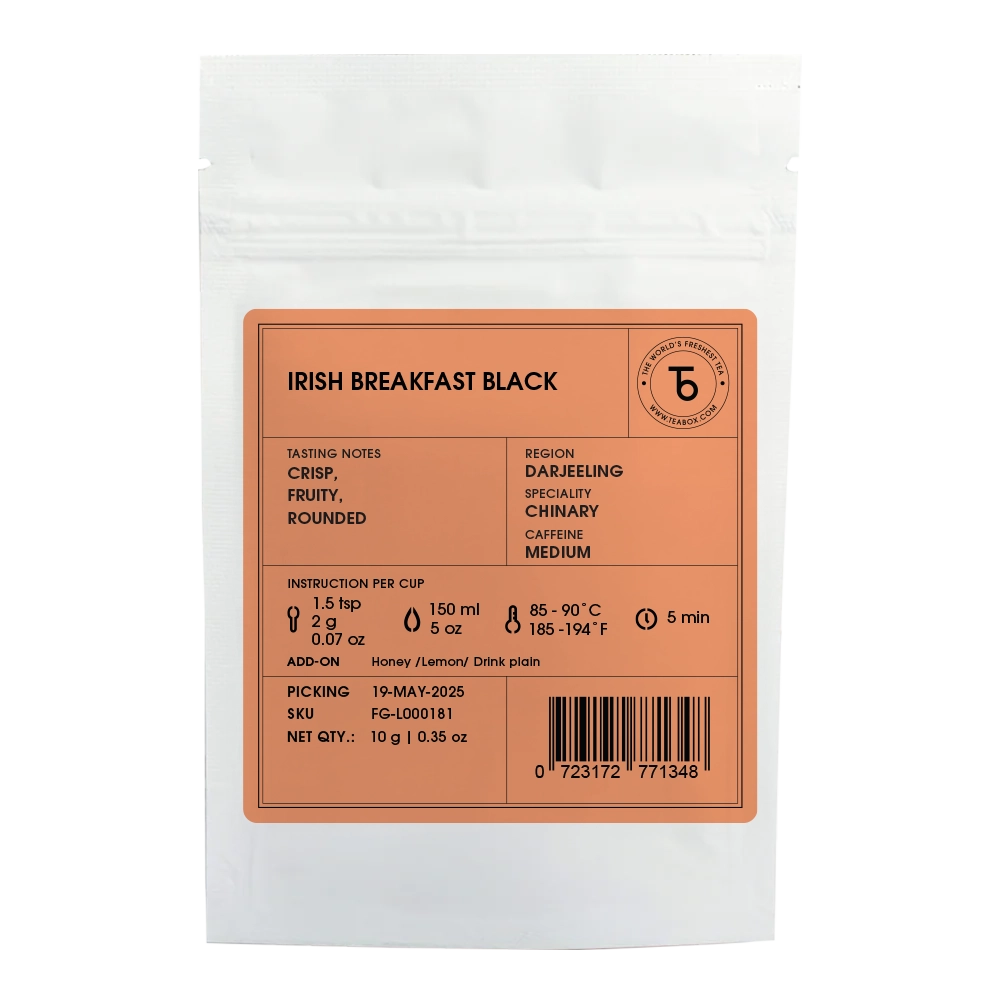 White package labeled 'Irish Breakfast Black' with brewing instructions and details.