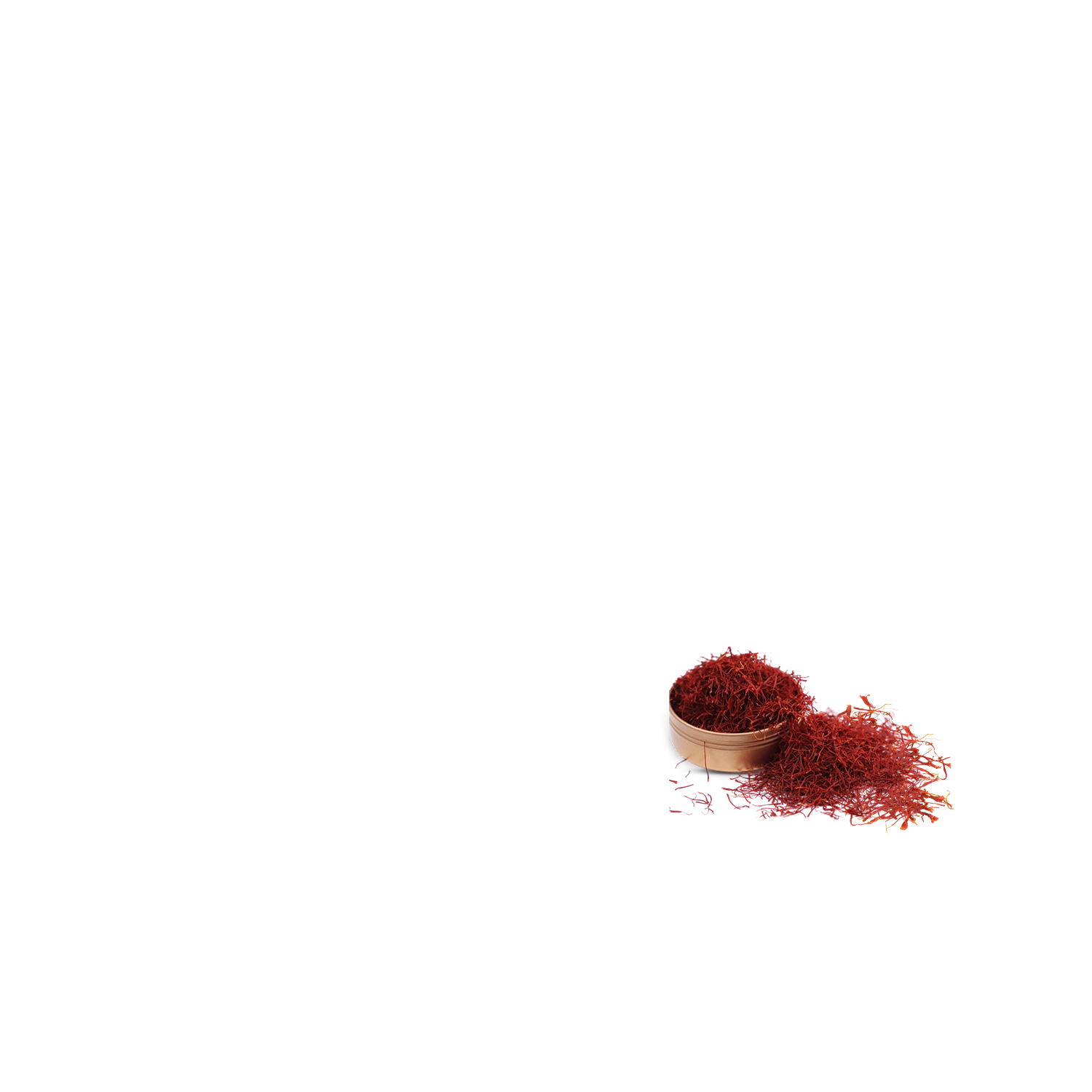A small container with saffron threads spilling out on a light background.
