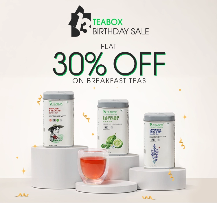 Teabox Birthday Sale banner with three tea cans, a glass of tea, and text showing 30% off.