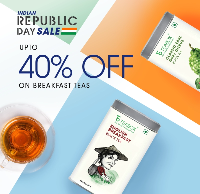 An ad for an Indian Republic Day sale on Teabox breakfast teas, showing two tins and a cup.