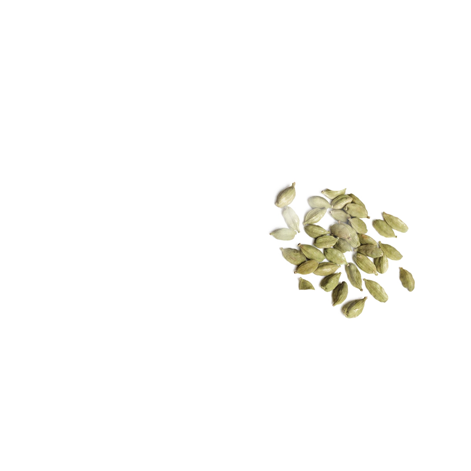 Heap of green cardamom pods on a white square surface.