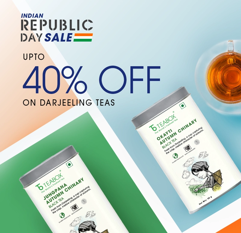 An advertisement for an Indian Republic Day sale on Teabox Darjeeling Teas, showing two tins and a cup.