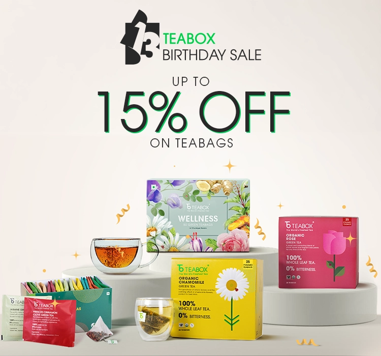 A promotional graphic for a Teabox birthday sale, showing various tea boxes and cups of tea.