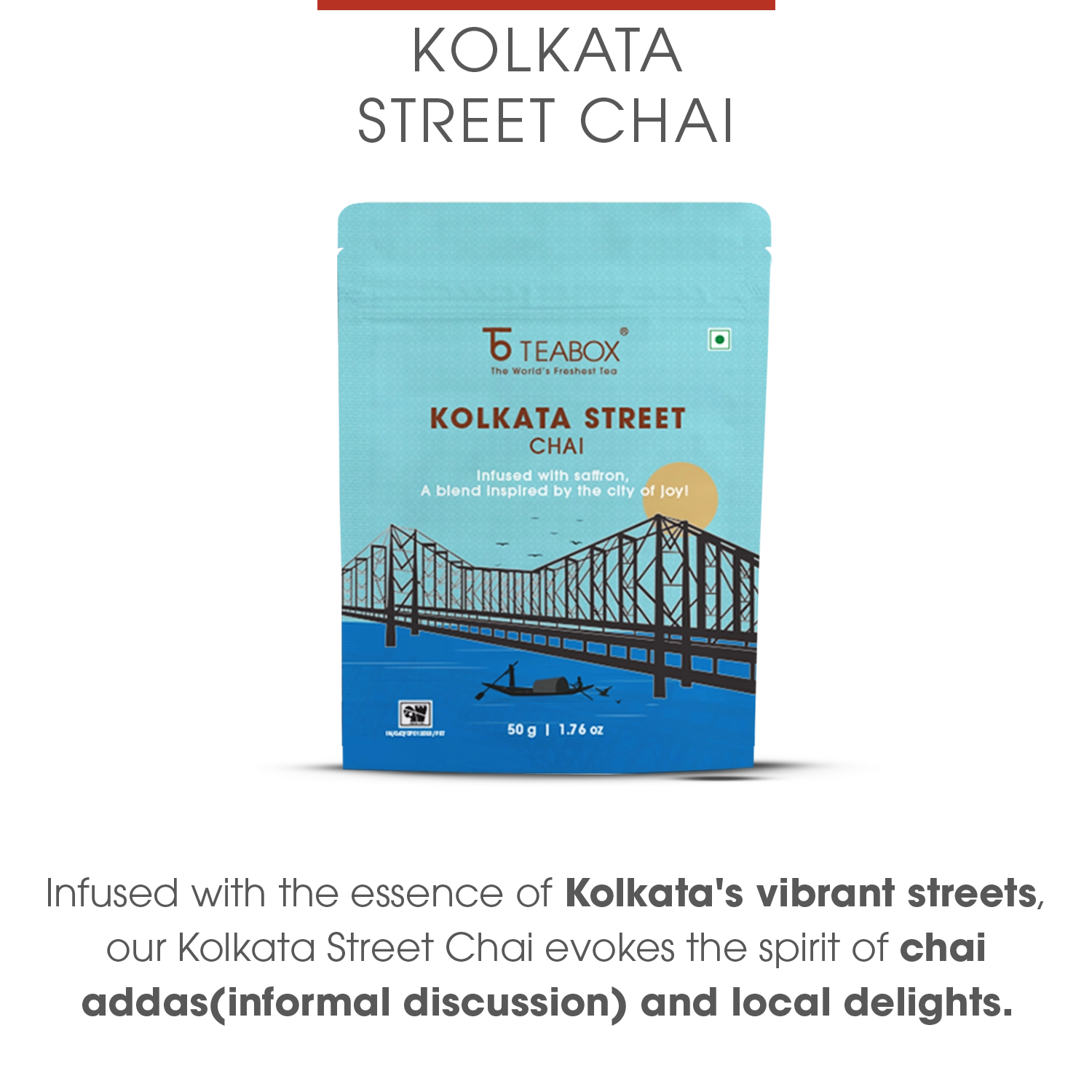 Teabox Kolkata Street Chai package with a bridge illustration.
