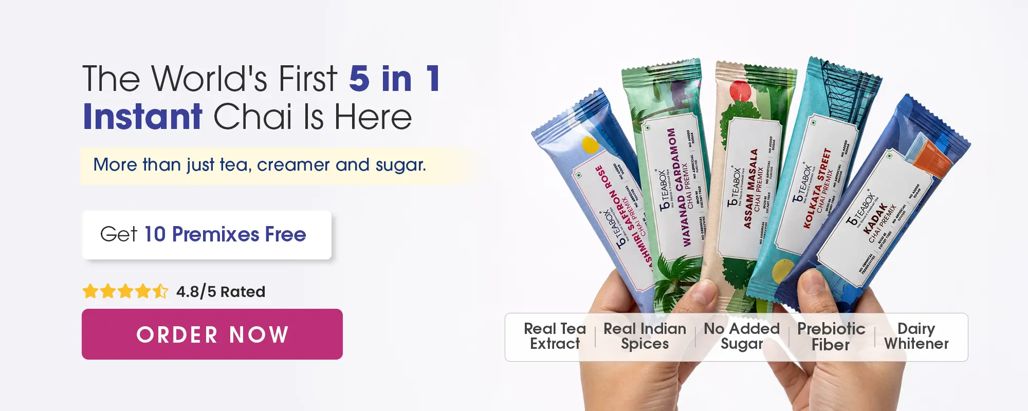 An advertisement for instant chai, showing a hand holding five different flavor packets.