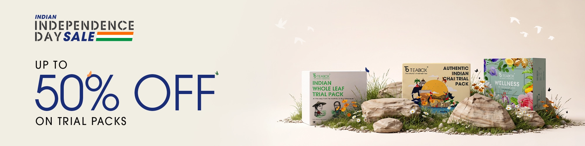An advertisement for an Indian Independence Day Sale, offering up to 50% off on Teabox trial packs.