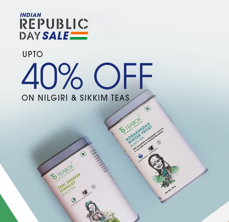 An advertisement for an Indian Republic Day sale on Teabox teas, showing two tins of black tea.