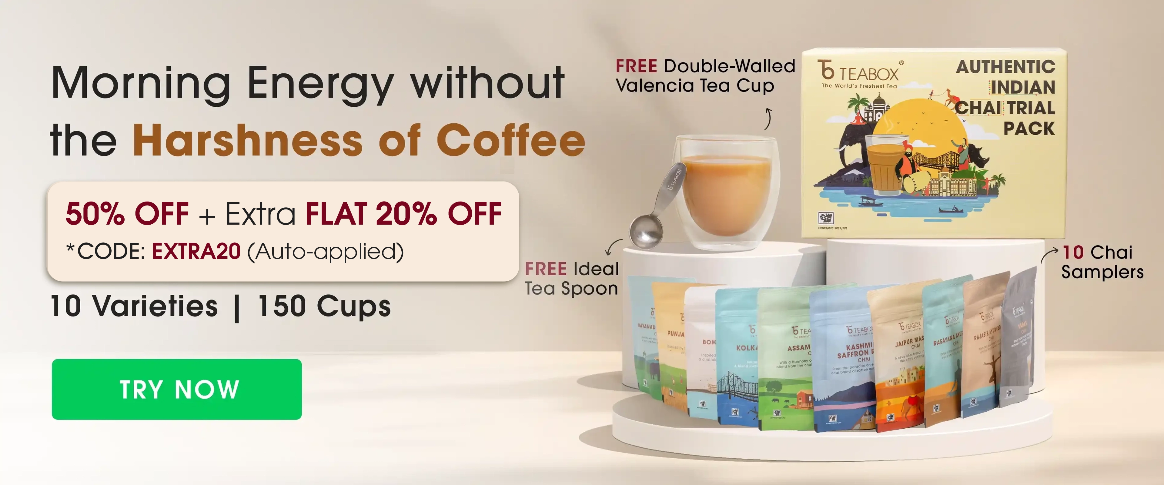 Teabox advertising a trial pack with 10 chai varieties, cup, and tea spoon.