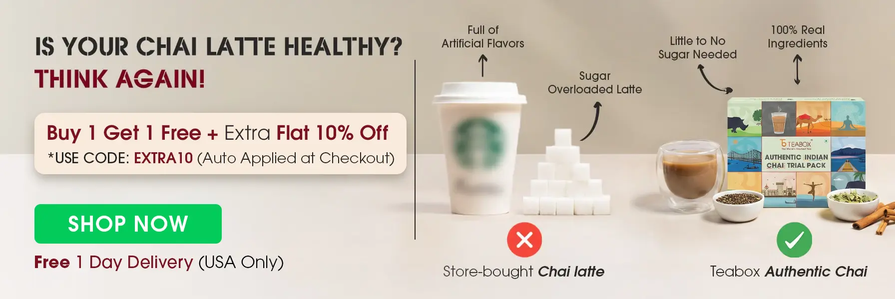 Teabox advertising a trial pack with 10 chai varieties, cup, and tea spoon.
