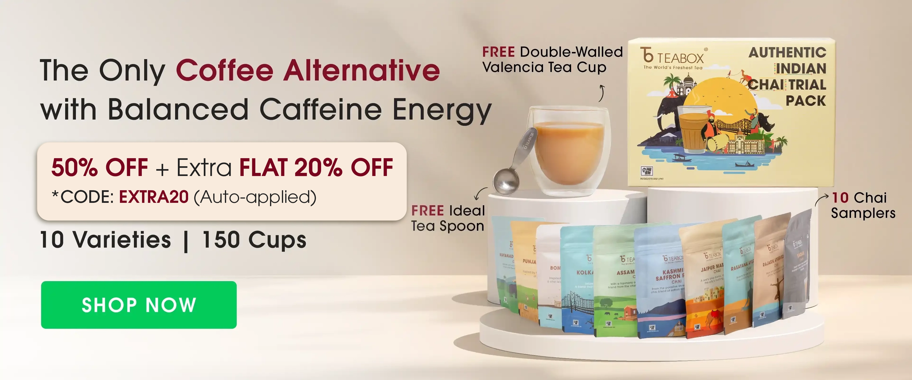 Teabox advertising a trial pack with 10 chai varieties, cup, and tea spoon.