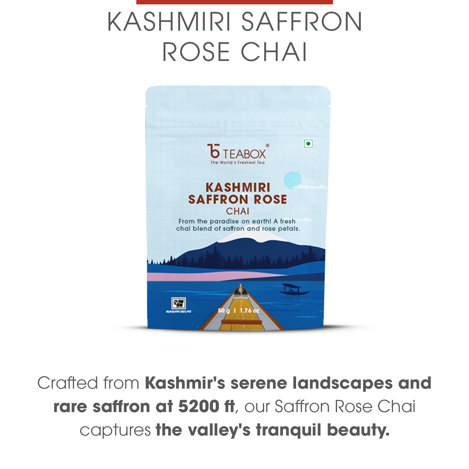 Teabox package of Kashmiri Saffron Rose Chai with serene landscape illustration.