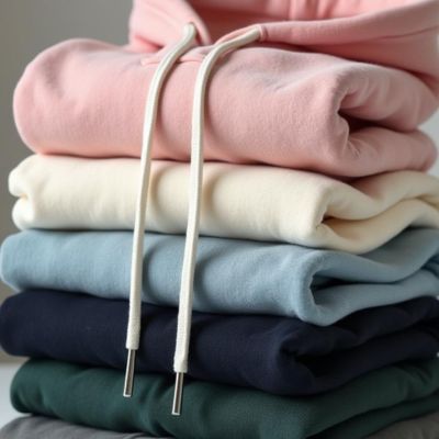 Stack of folded hoodies in various pastel colors.