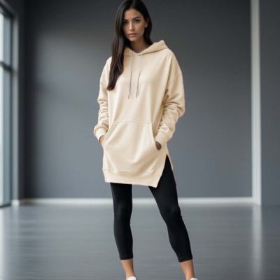 Person wearing a beige hoodie and black leggings in a room with large windows.