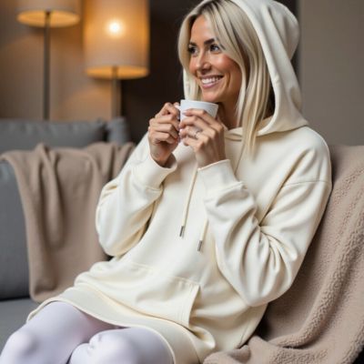 Person wearing a hoodie, sitting on a couch, holding a cup.