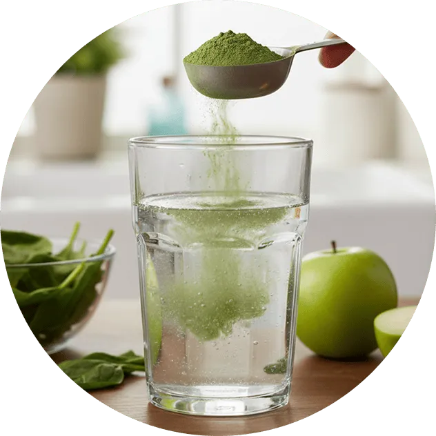 A spoonful of green powder is poured into a glass of water, next to a green apple.
