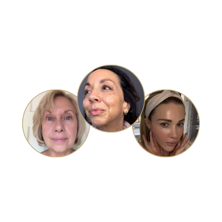 Three women in circular frames with different facial expressions.