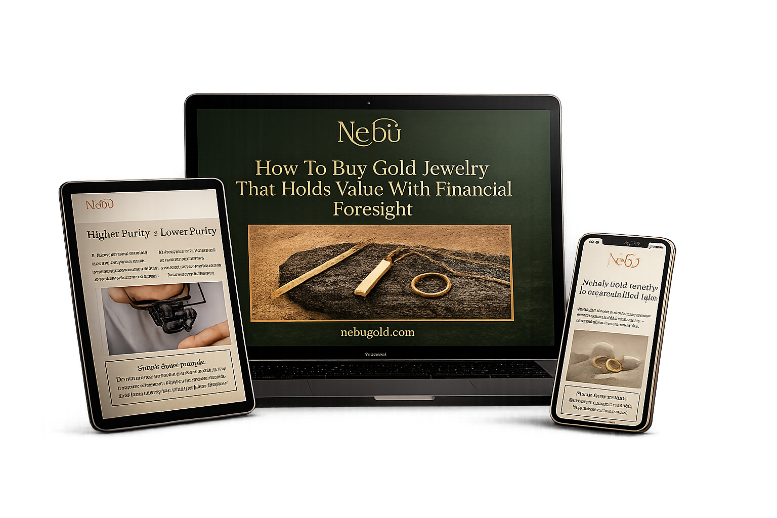 A laptop, tablet, and smartphone all display the Nebü gold jewelry website against a white background.