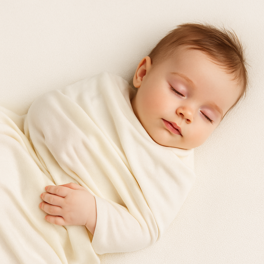 Sleeping baby wrapped in a soft cream-colored blanket.